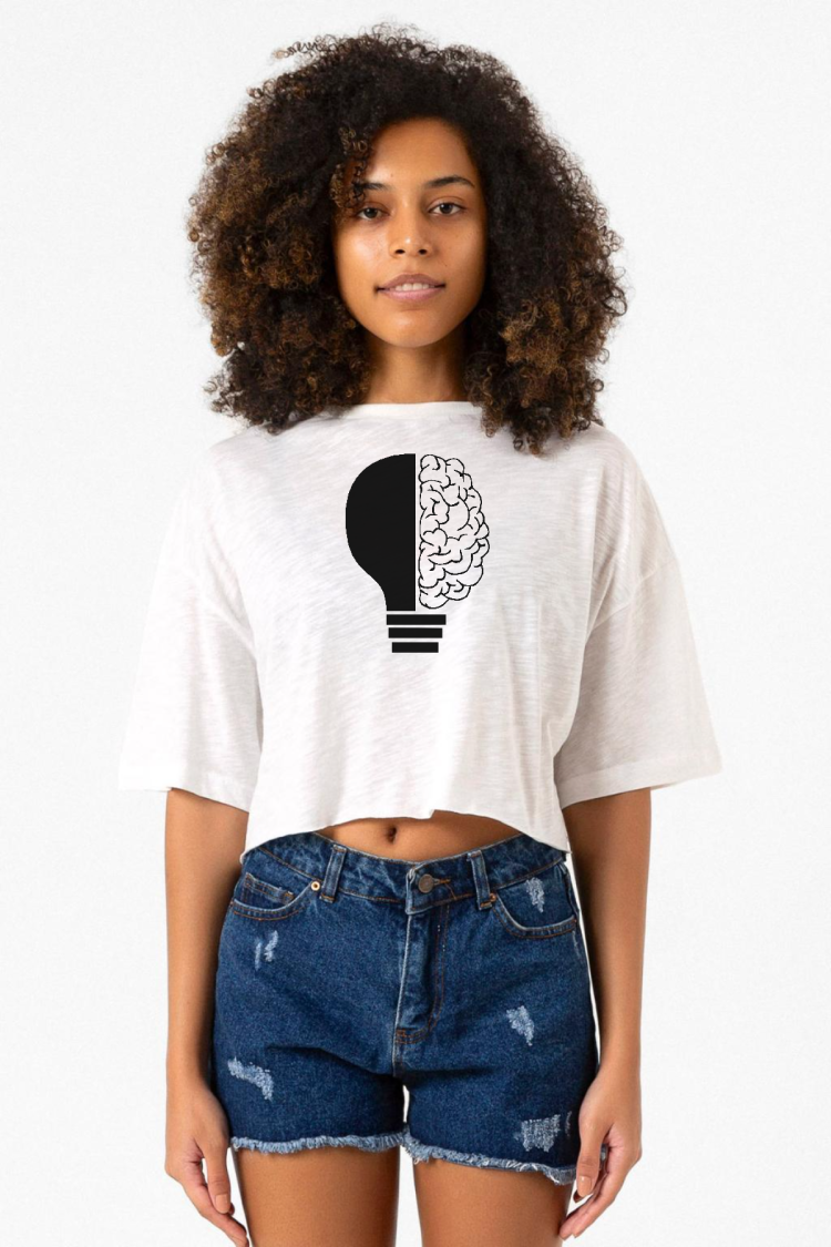 Lightbulb & Brain Beyaz Kırçıllı Kadın Crop Tshirt