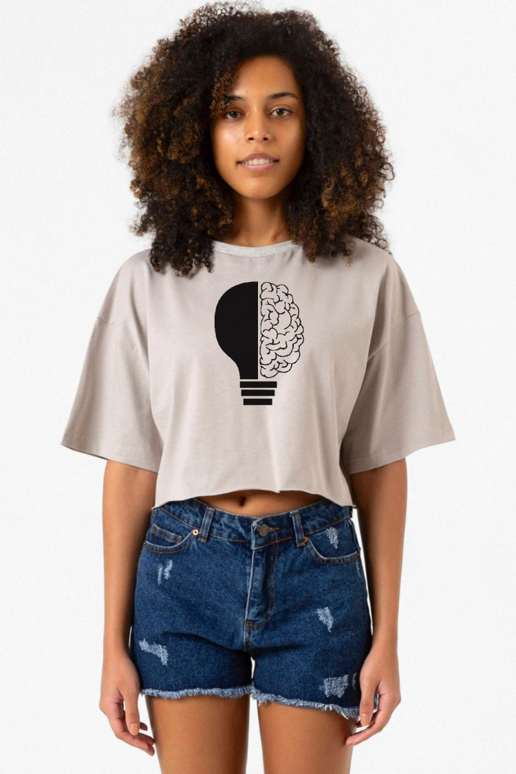 Lightbulb & Brain Taş Rengi Kadın Crop Kapşonlu