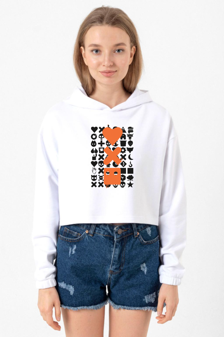 Love Death Robots Orange Beyaz Optik Kadın Crop Kapşonlu
