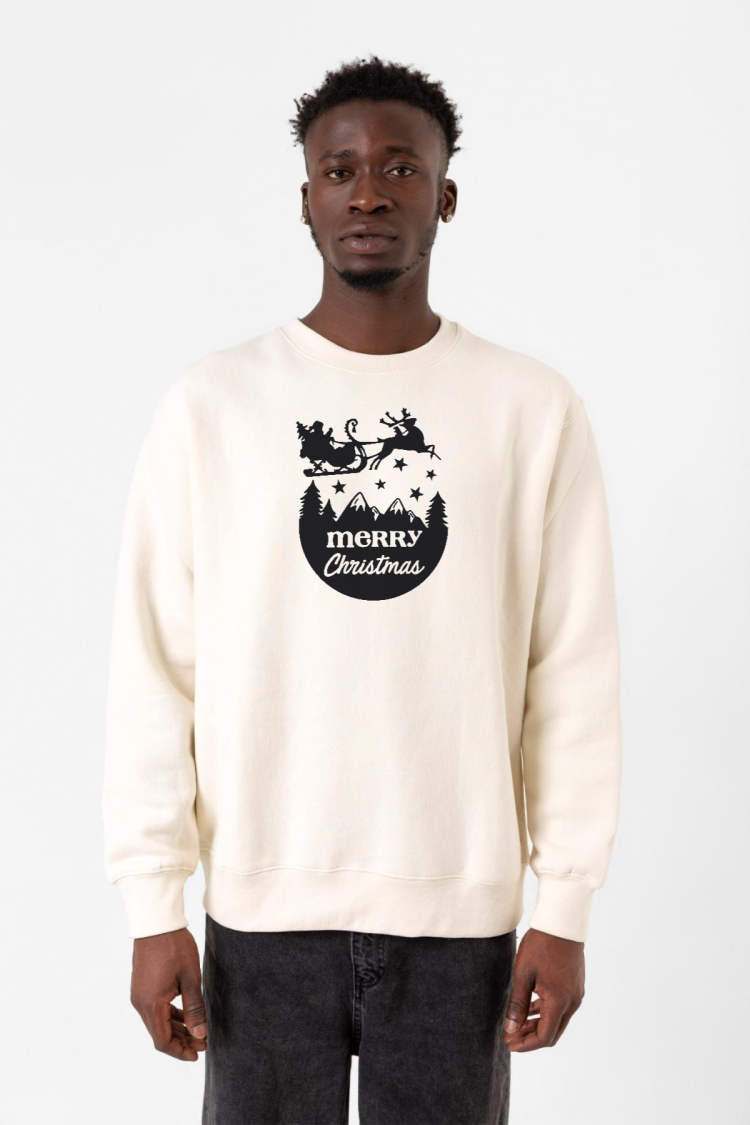 Merry Christmas Sleigh Ekru Erkek 2ip Sweatshirt