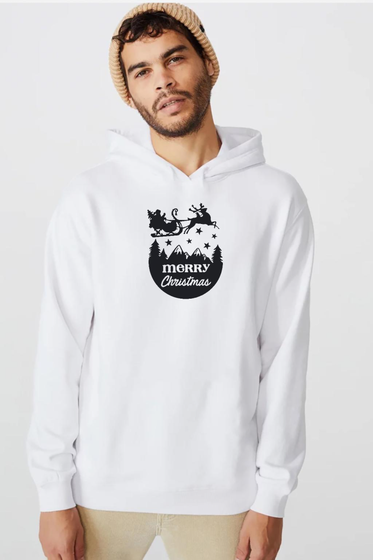 Merry Christmas Sleigh Beyaz Erkek 3ip Kapşonlu  Sweatshirt