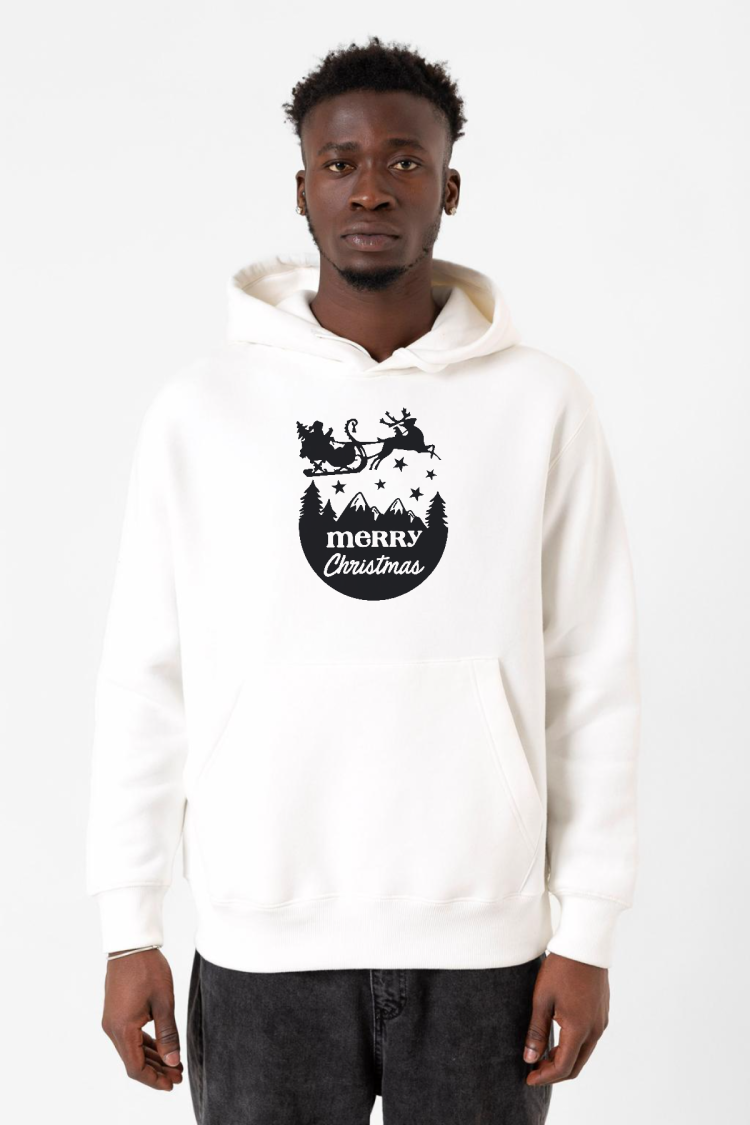 Merry Christmas Sleigh Beyaz Erkek 3ip Kapşonlu Sweatshirt