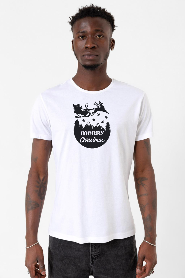 Merry Christmas Sleigh Beyaz Erkek Bisikletyaka Tshirt