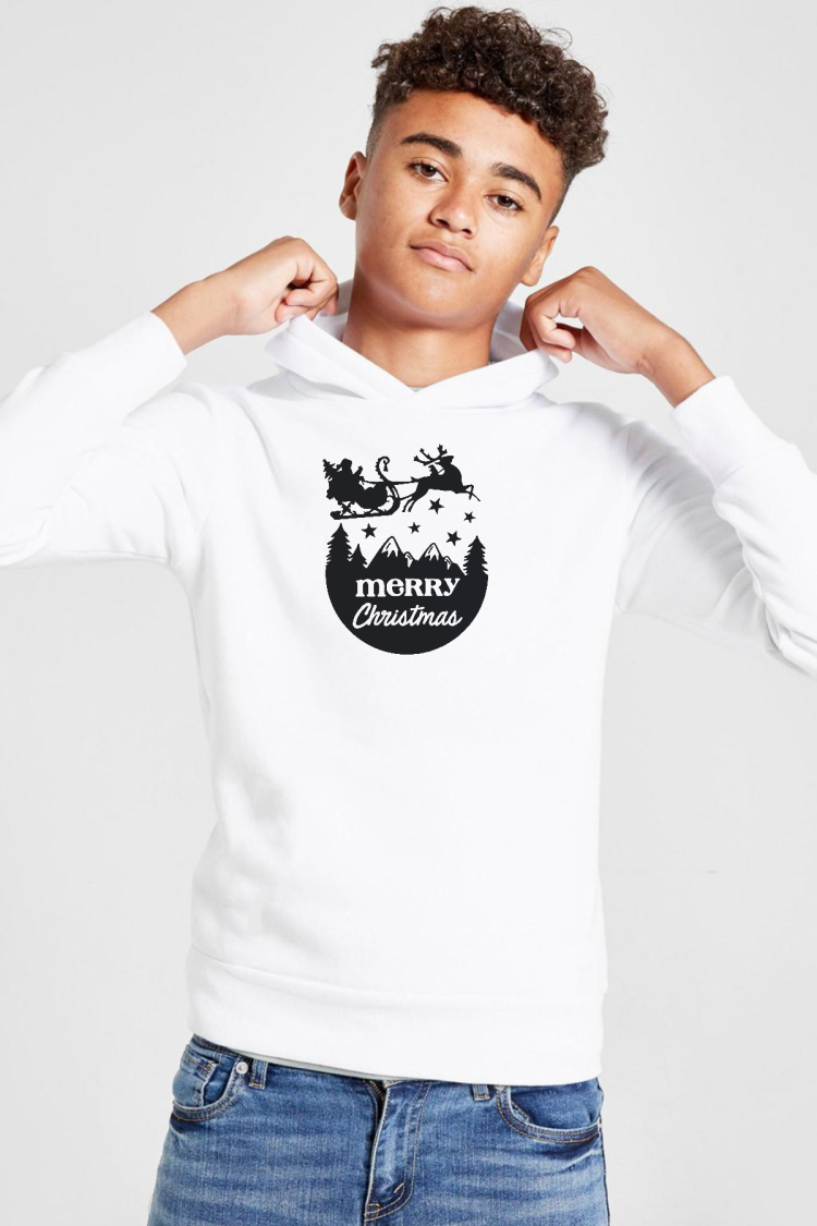 Merry Christmas Sleigh Beyaz Çocuk 3ip Kapşonlu  Sweatshirt