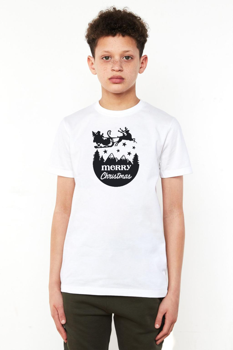 Merry Christmas Sleigh Beyaz Çocuk Bisikletyaka Tshirt