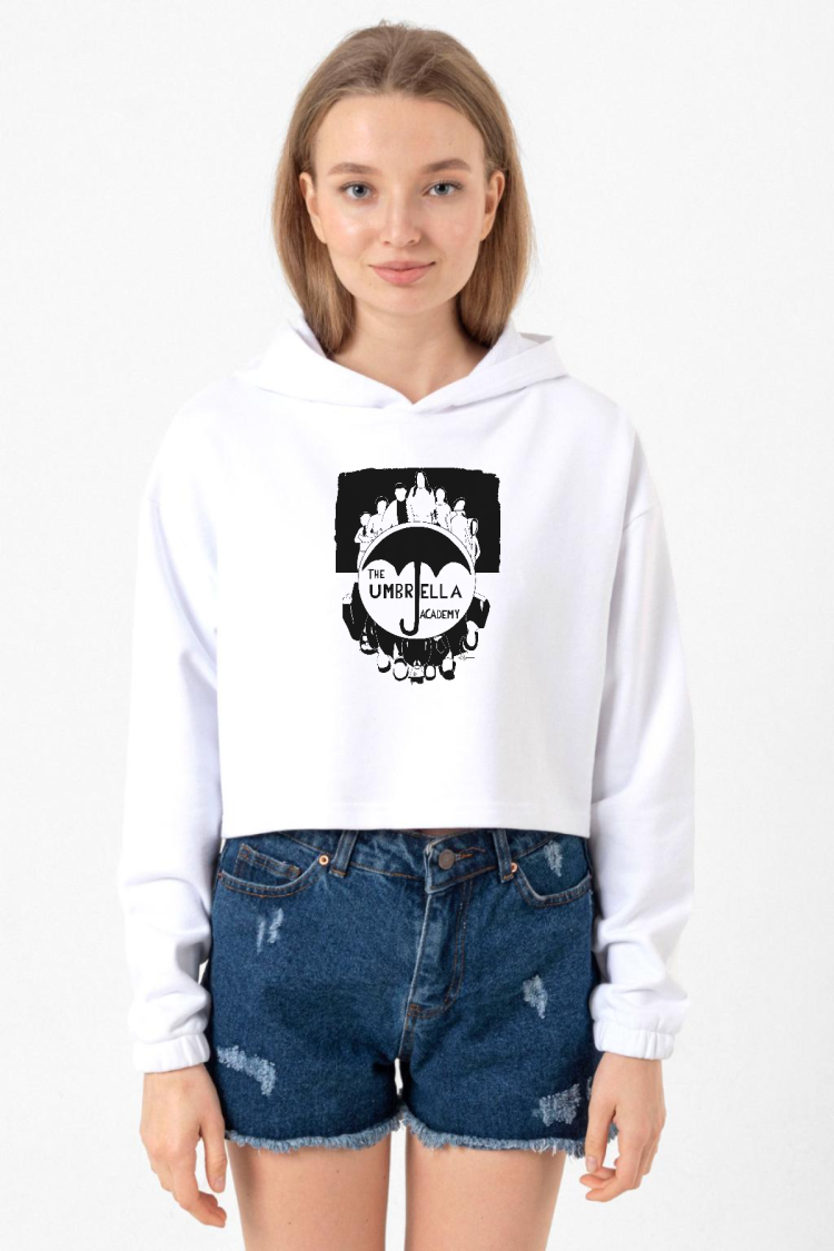 The Umbrella Academy Dark Essential Beyaz Optik Kadın Crop Kapşonlu