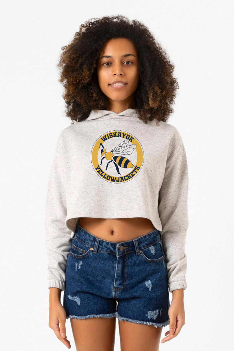 Wiskayok Yellowjackets Logo Beyaz Kırçıllı Kadın Crop Kapşonlu