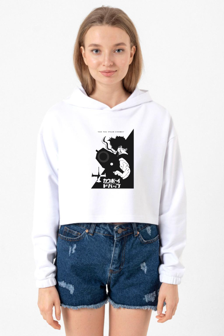 Cowboy Bebop Spike See You Space Cowboy Beyaz Optik Kadın Crop Kapşonlu