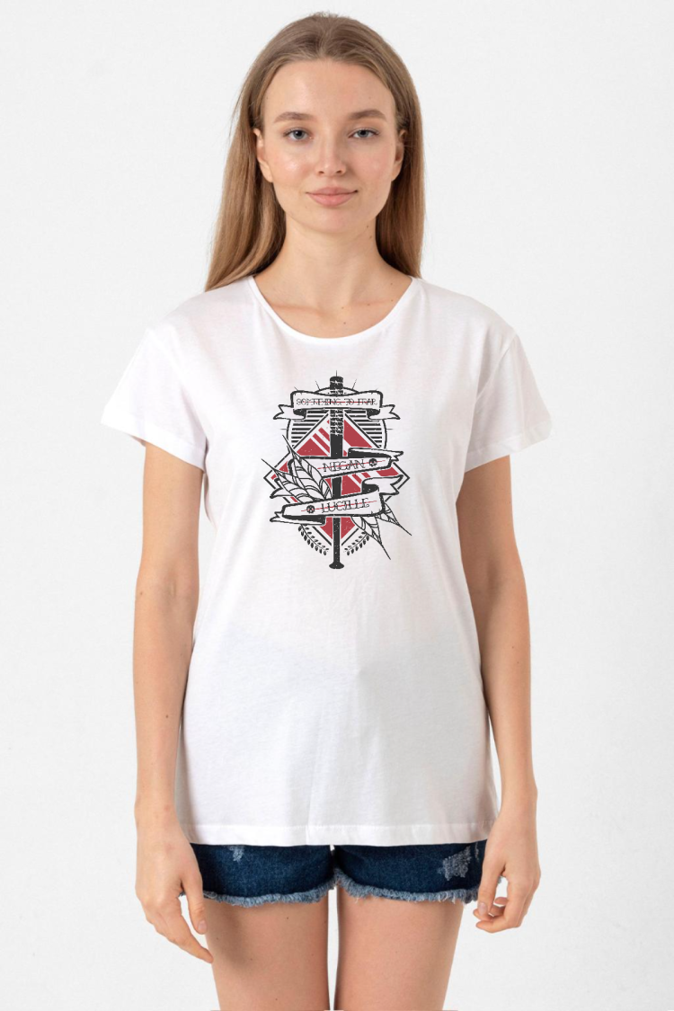 The Walking Dead Negan & Lucille Beyaz Kadın Bisikletyaka Tshirt