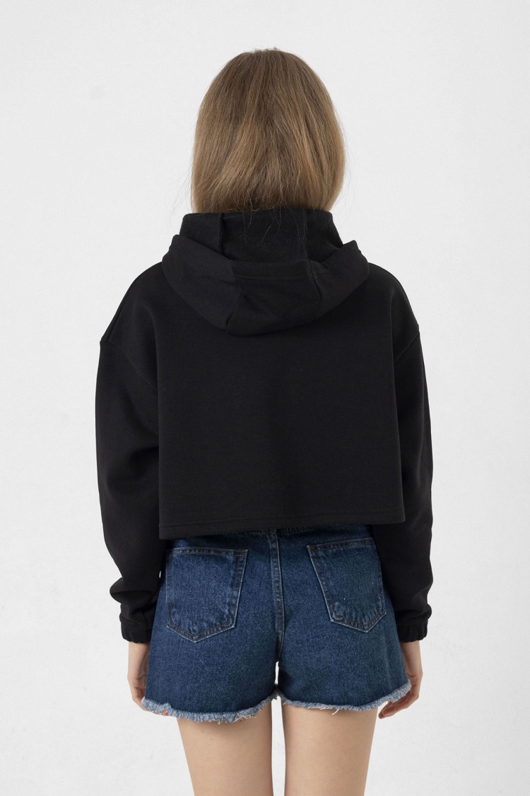 Blackpink Rose Signature Siyah Kadın Crop Kapşonlu