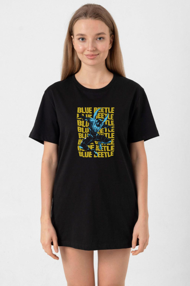 Blue Beetle Lettern Siyah Kadın Oversize Tshirt