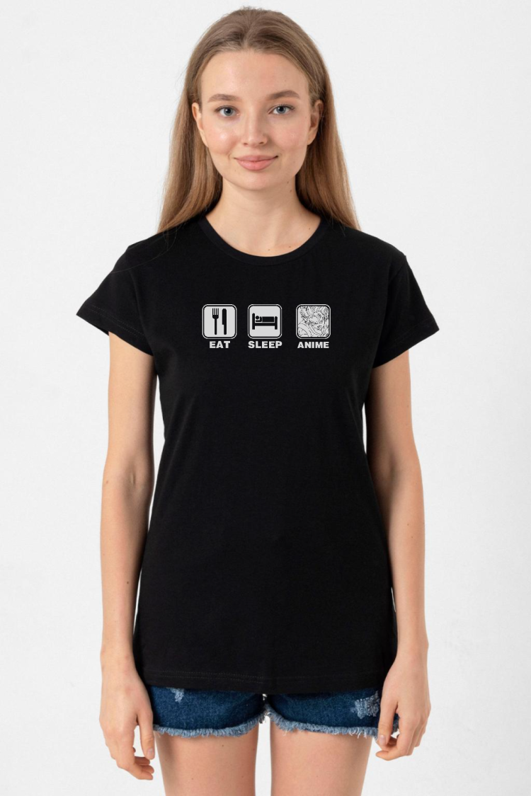 Eat Sleep Anime Siyah Kadın Tshirt