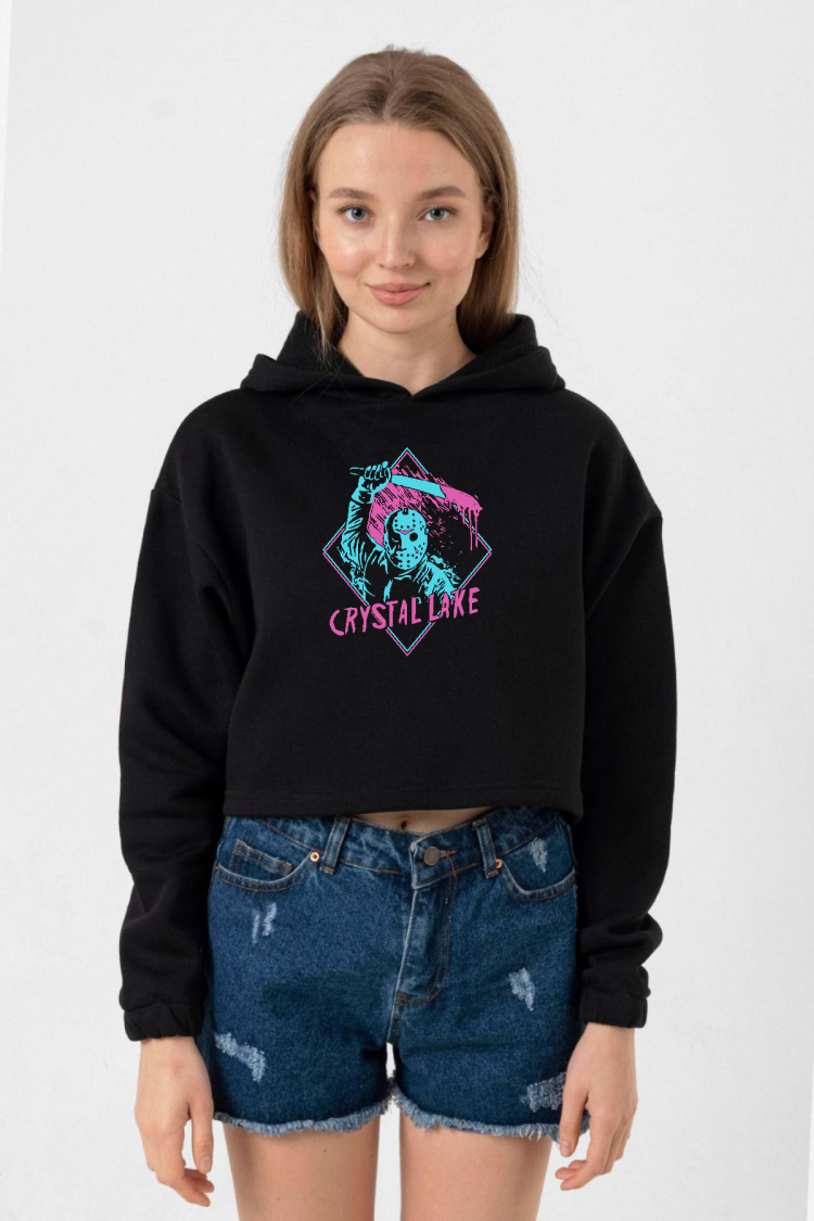 Friday The 13th Crystal Lake Siyah Kadın Crop Kapşonlu