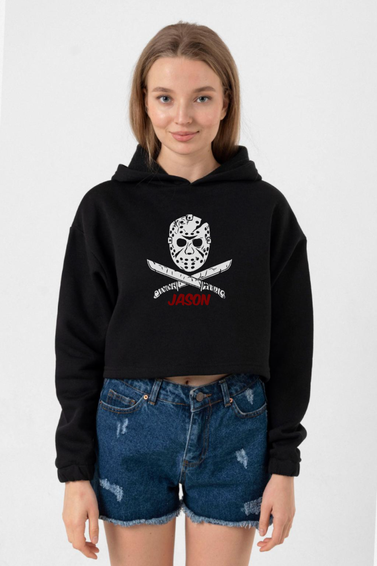 Friday The 13th Jason Mask Siyah Kadın Crop Kapşonlu