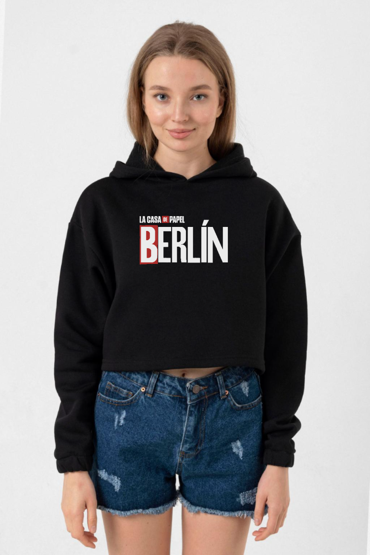 La Casa De Papel Berlin Siyah Kadın Crop Kapşonlu
