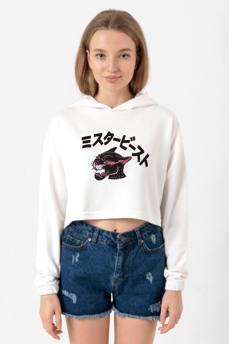 Mr Beast Kanji Ekru Kadın Crop Kapşonlu