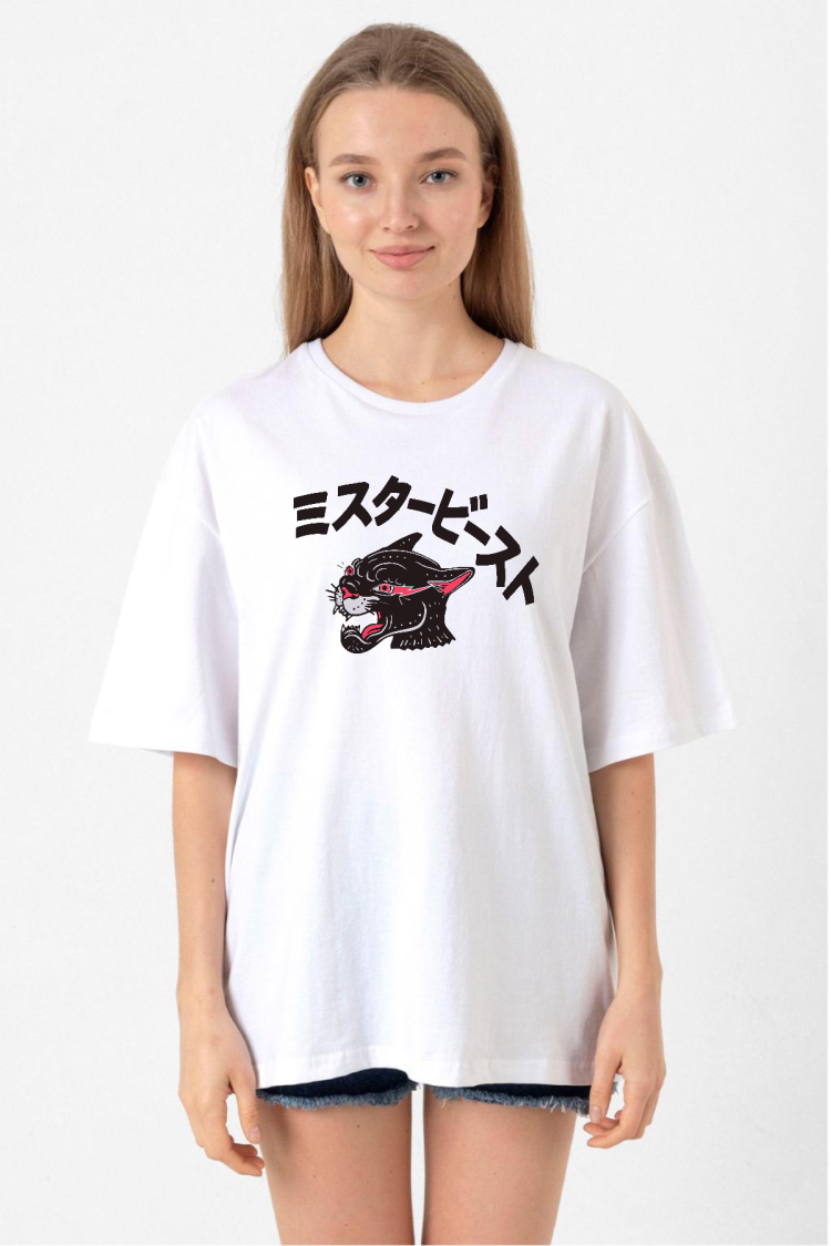 Mr Beast Kanji Beyaz Kadın Oversize Tshirt