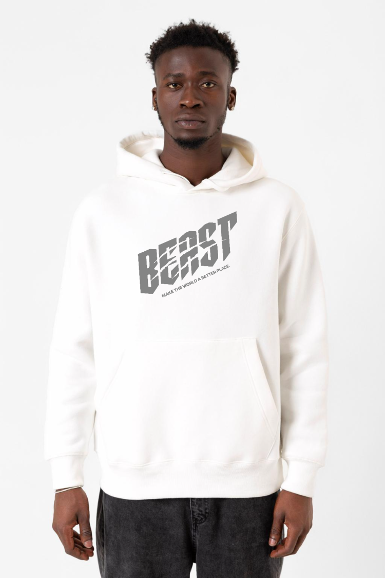 Mr Beast Make The World Beyaz Erkek 3ip Kapşonlu Sweatshirt