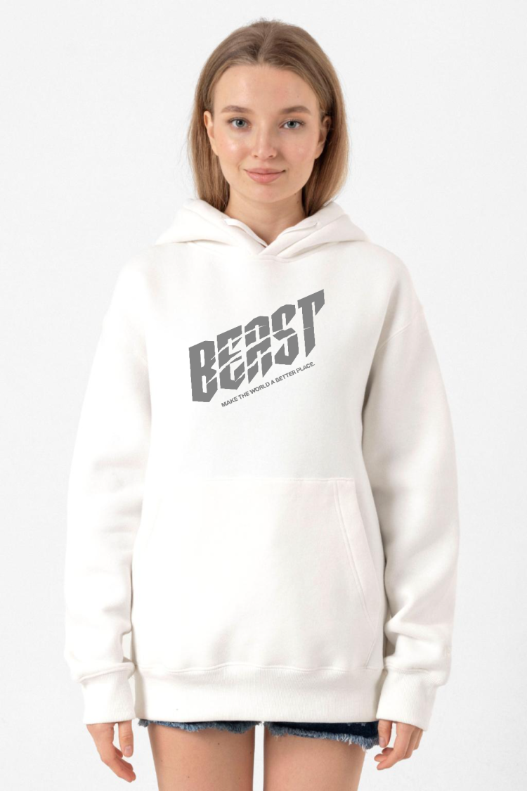 Mr Beast Make The World Beyaz Kadın 3ip Kapşonlu Sweatshirt