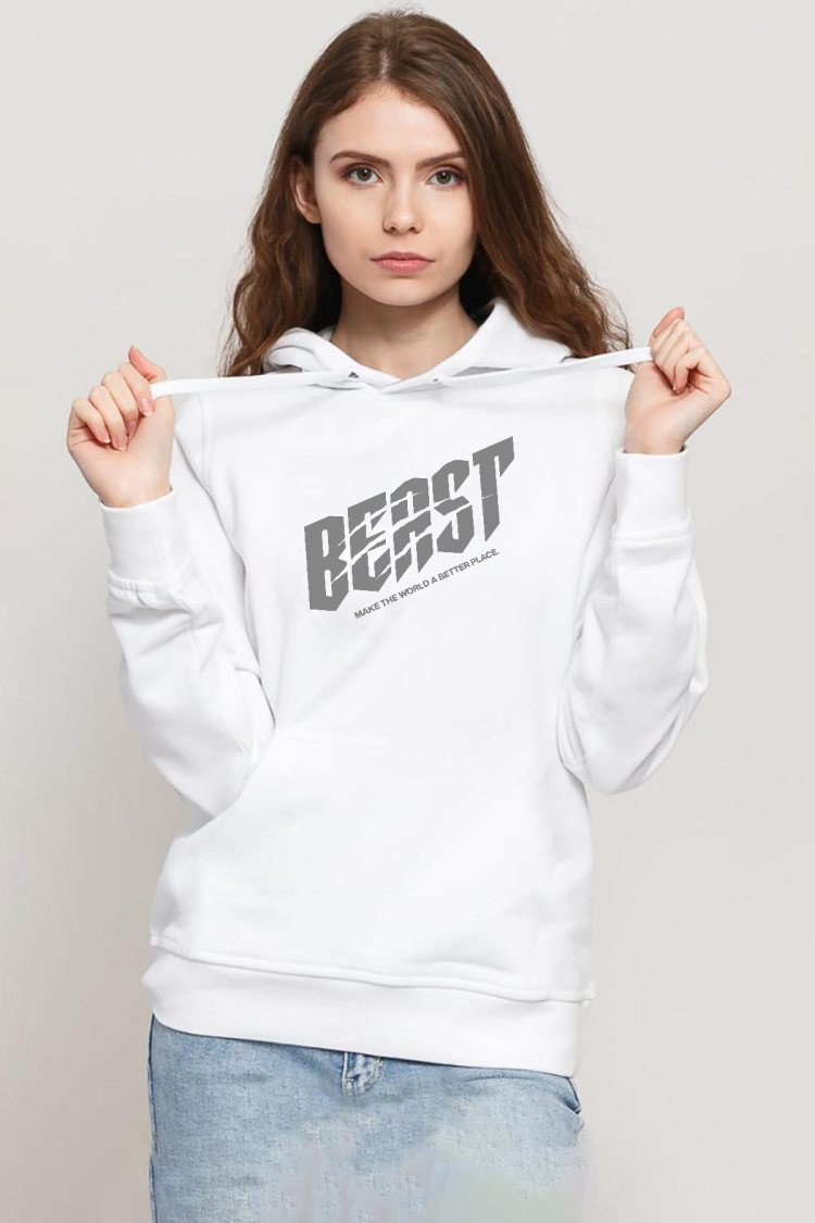 Mr Beast Make The World Beyaz Kadın 3ip Kapşonlu Sweatshirt