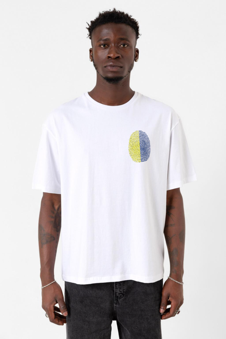 Sarı Lacivert Parmak İzi Beyaz Erkek Oversize Tshirt