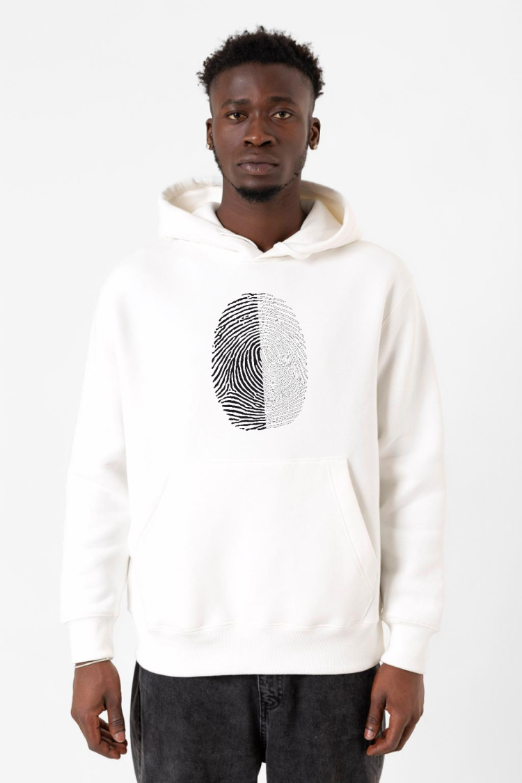 Siyah Beyaz Parmak İzi Beyaz Erkek 3ip Kapşonlu Sweatshirt