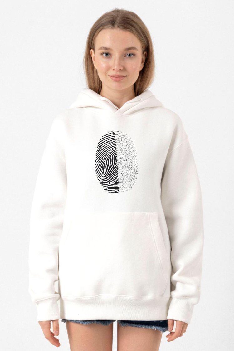 Siyah Beyaz Parmak İzi Beyaz Kadın 3ip Kapşonlu Sweatshirt