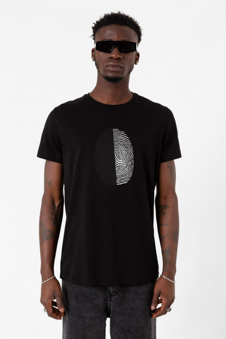 Siyah Beyaz Parmak İzi Siyah Erkek Tshirt