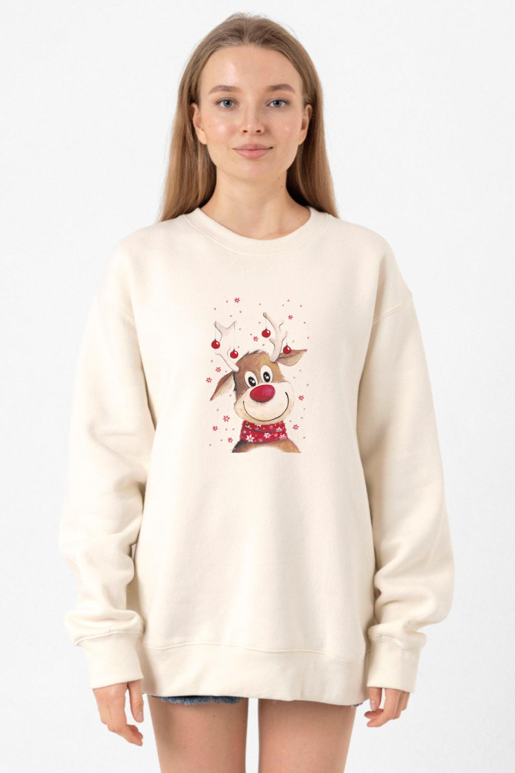 Watercolor Christmas Deer Ekru Kadın 2ip Sweatshirt