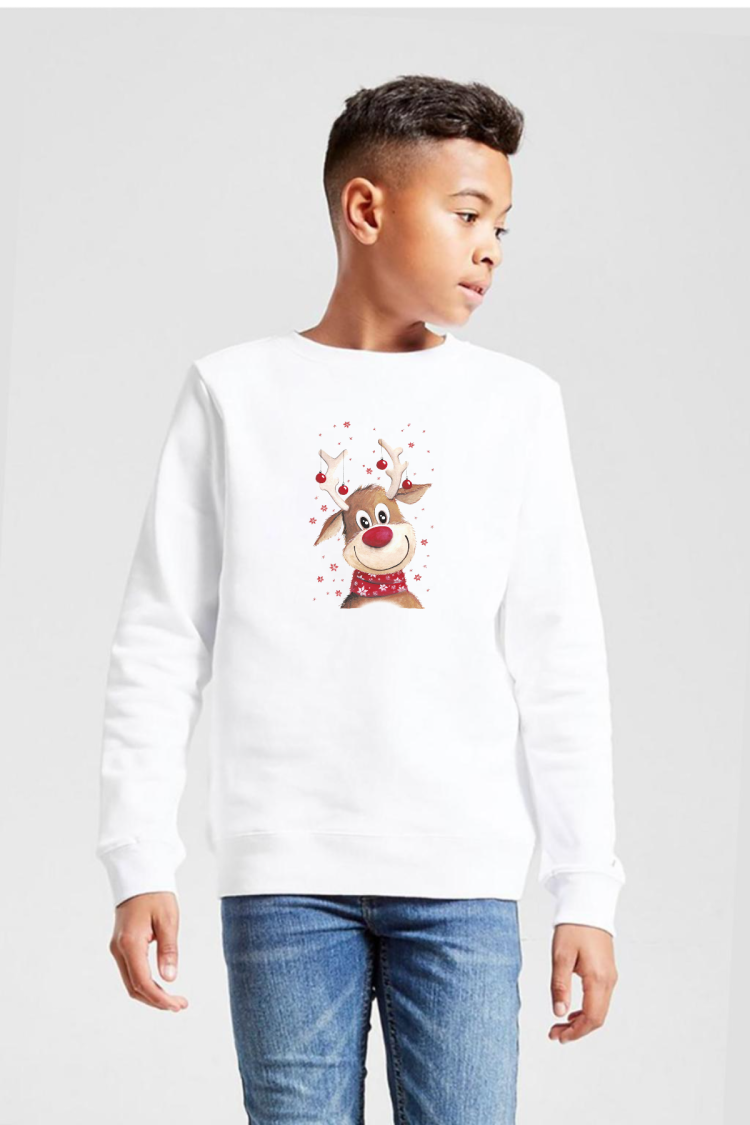 Watercolor Christmas Deer Beyaz Çocuk 2ip Sweatshirt