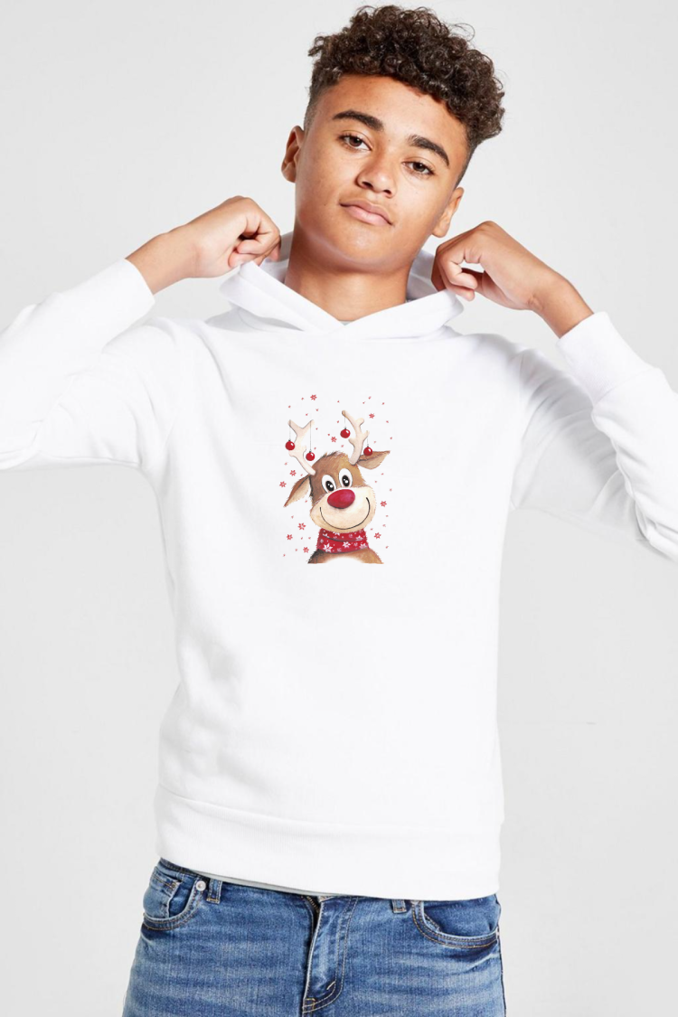 Watercolor Christmas Deer Beyaz Çocuk 3ip Kapşonlu  Sweatshirt
