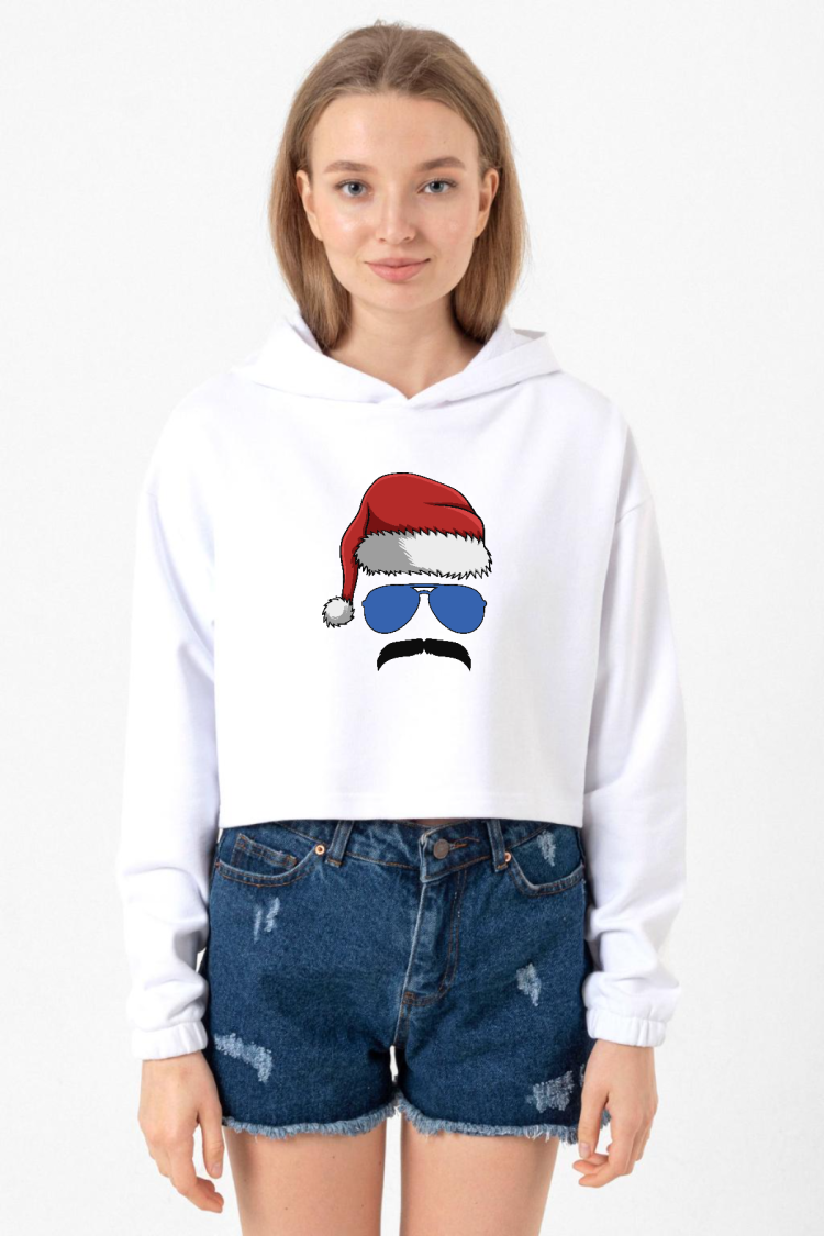 Mustache Christmas Hero Beyaz Optik Kadın Crop Kapşonlu
