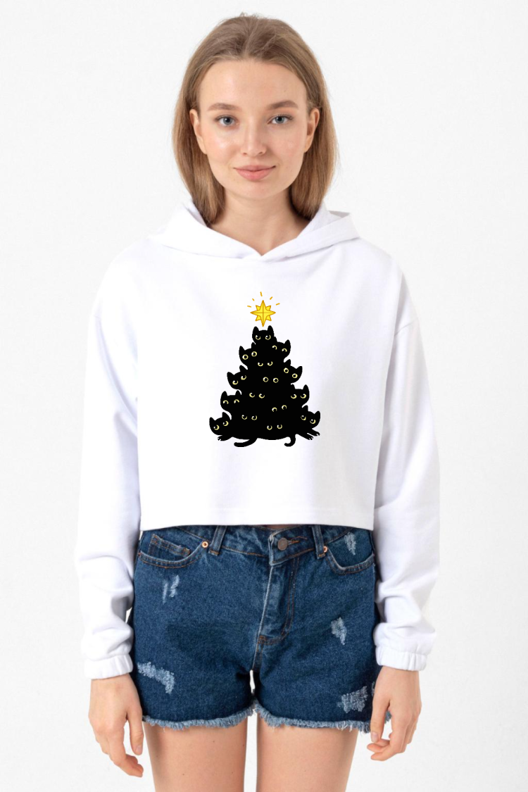 Meowy Christmas Beyaz Optik Kadın Crop Kapşonlu