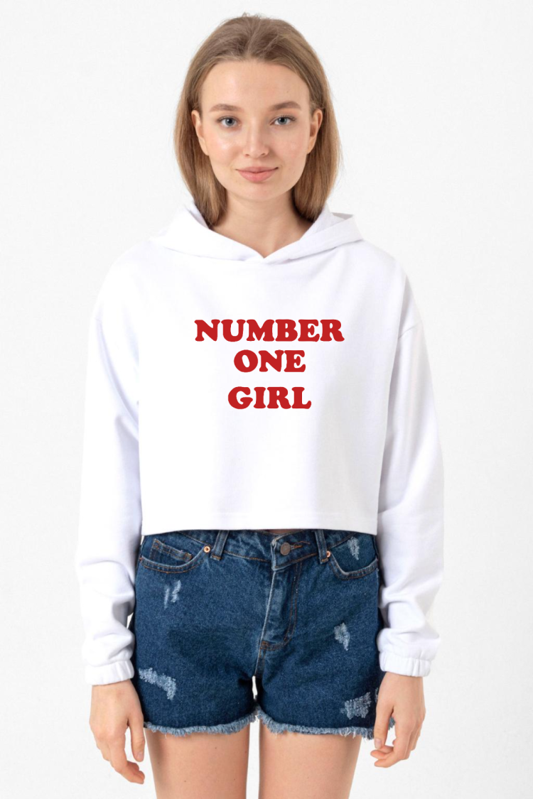 Rose Number One Girl Beyaz Optik Kadın Crop Kapşonlu