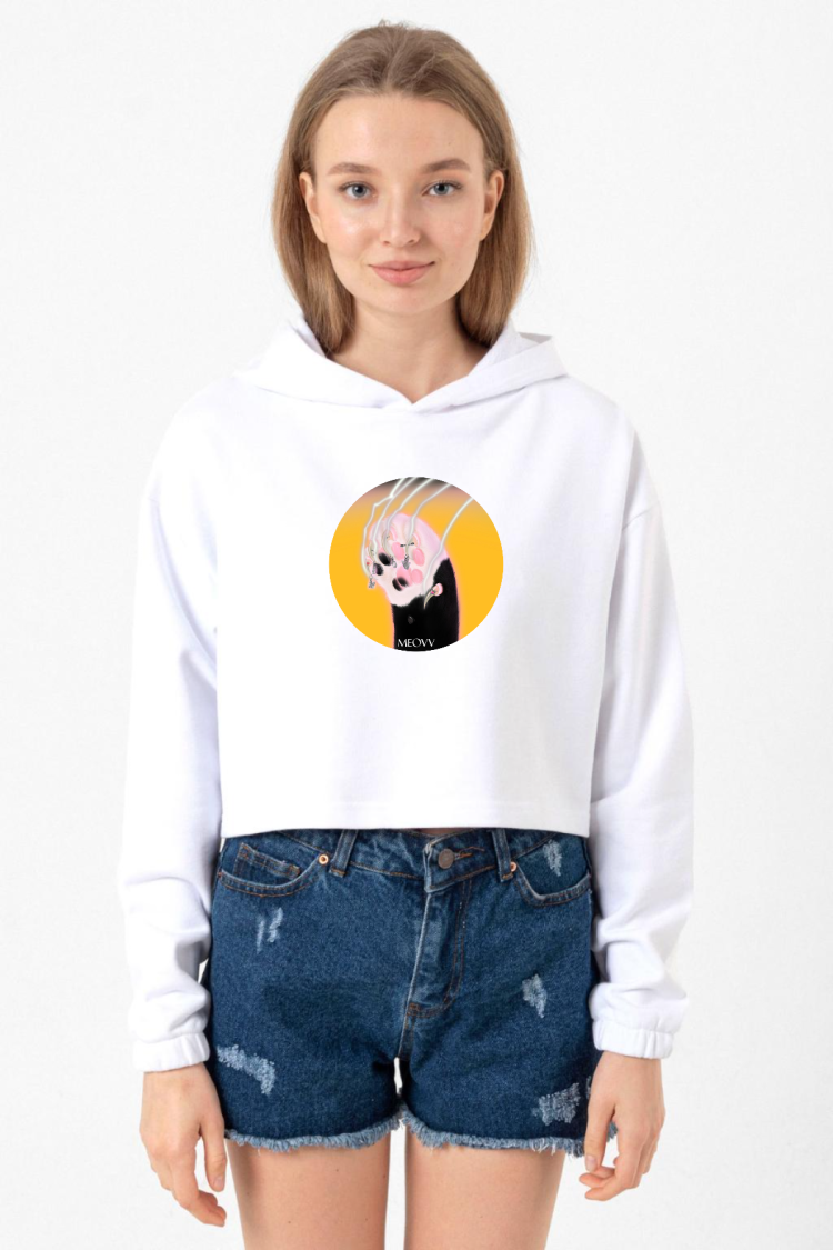 Meovv Meow Beyaz Optik Kadın Crop Kapşonlu