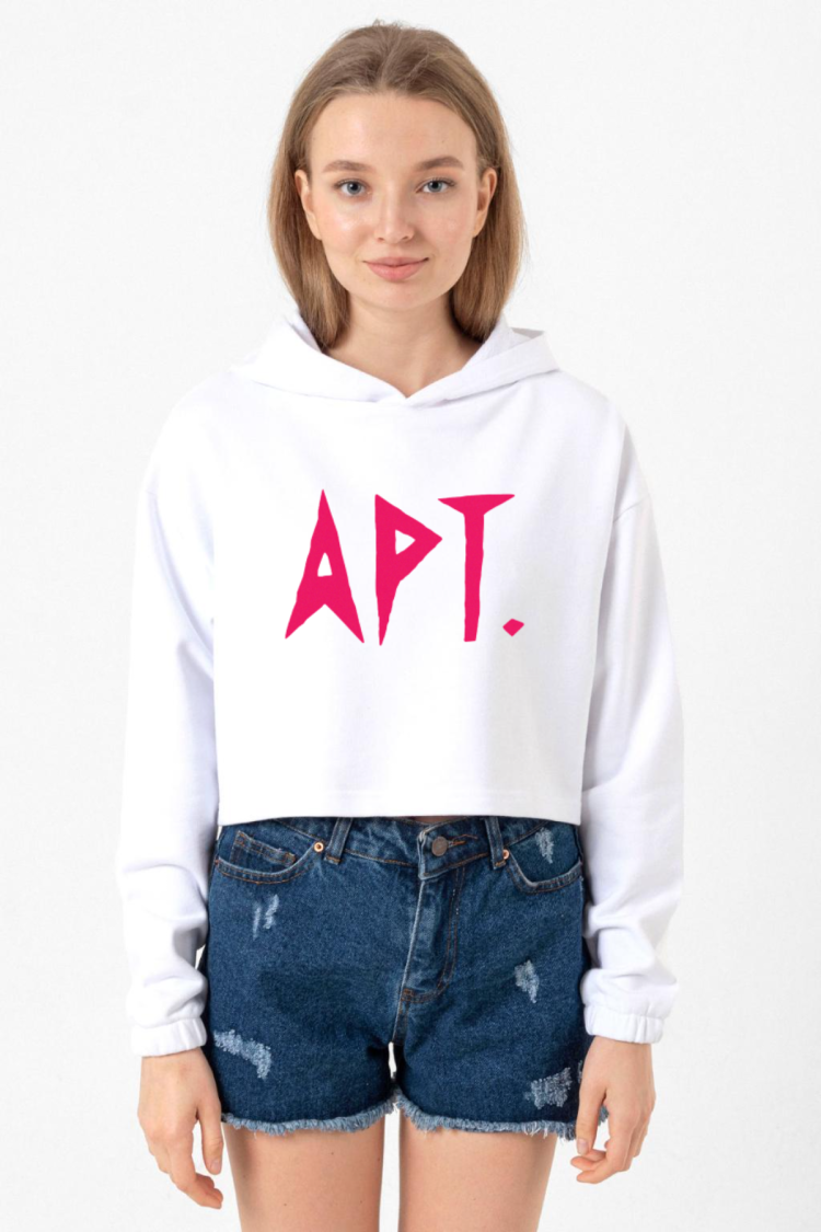 Blackpink Apt Beyaz Optik Kadın Crop Kapşonlu