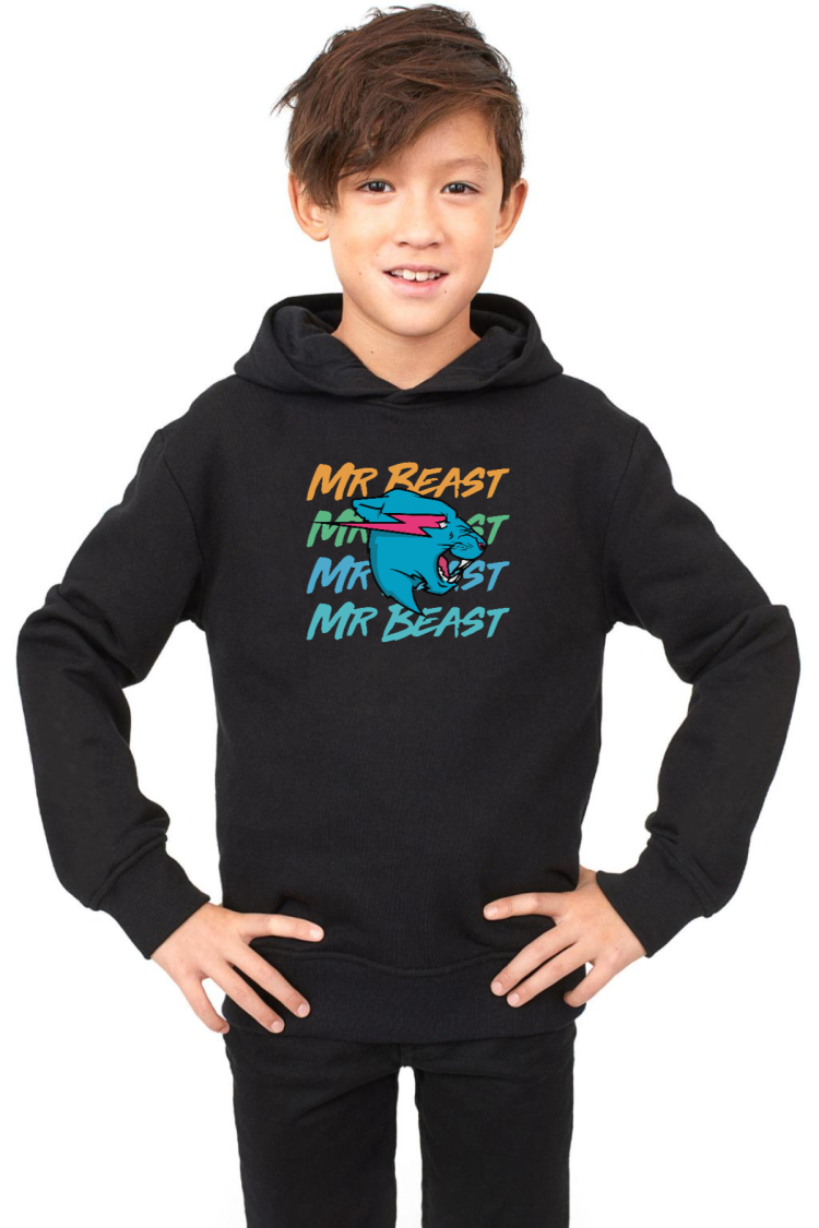 Mr Beast Lettern Siyah Çocuk 3ip Kapşonlu