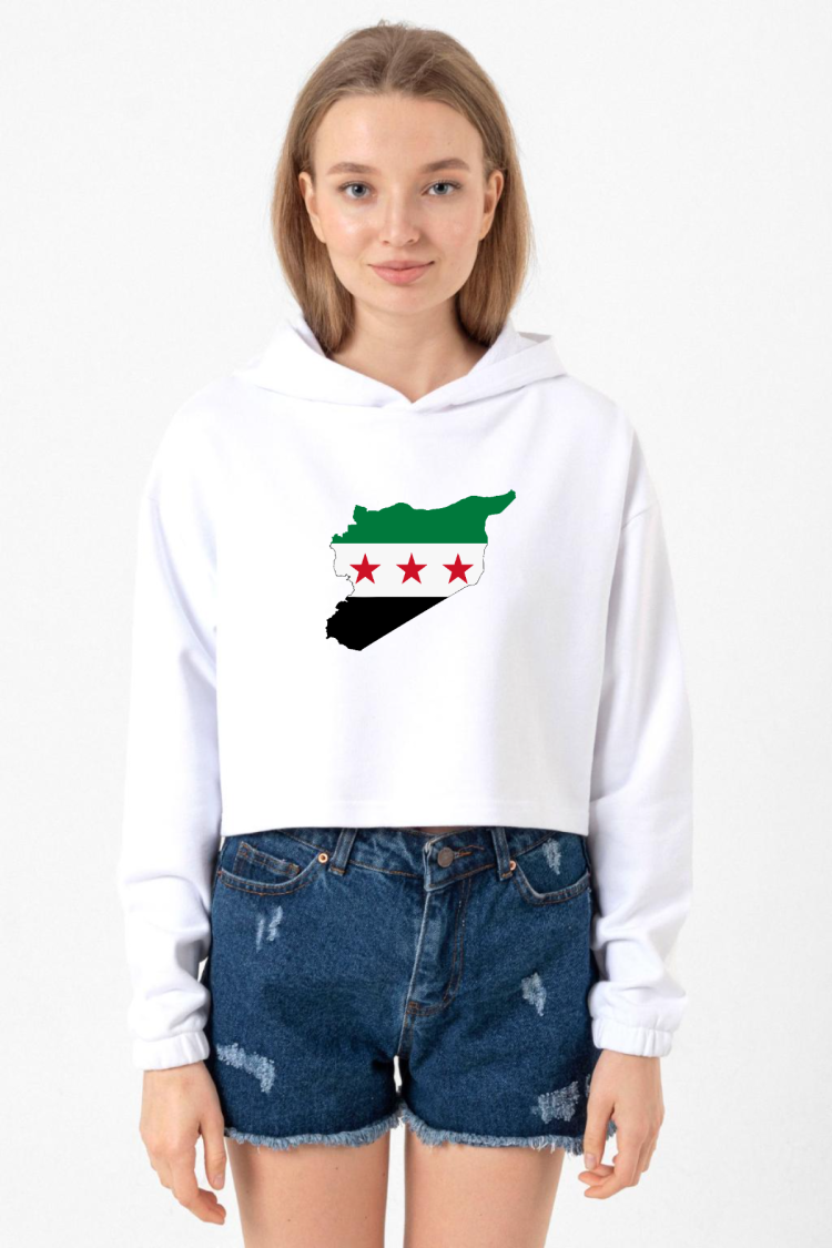 Suriye Yeni Bayrak Beyaz Optik Kadın Crop Kapşonlu