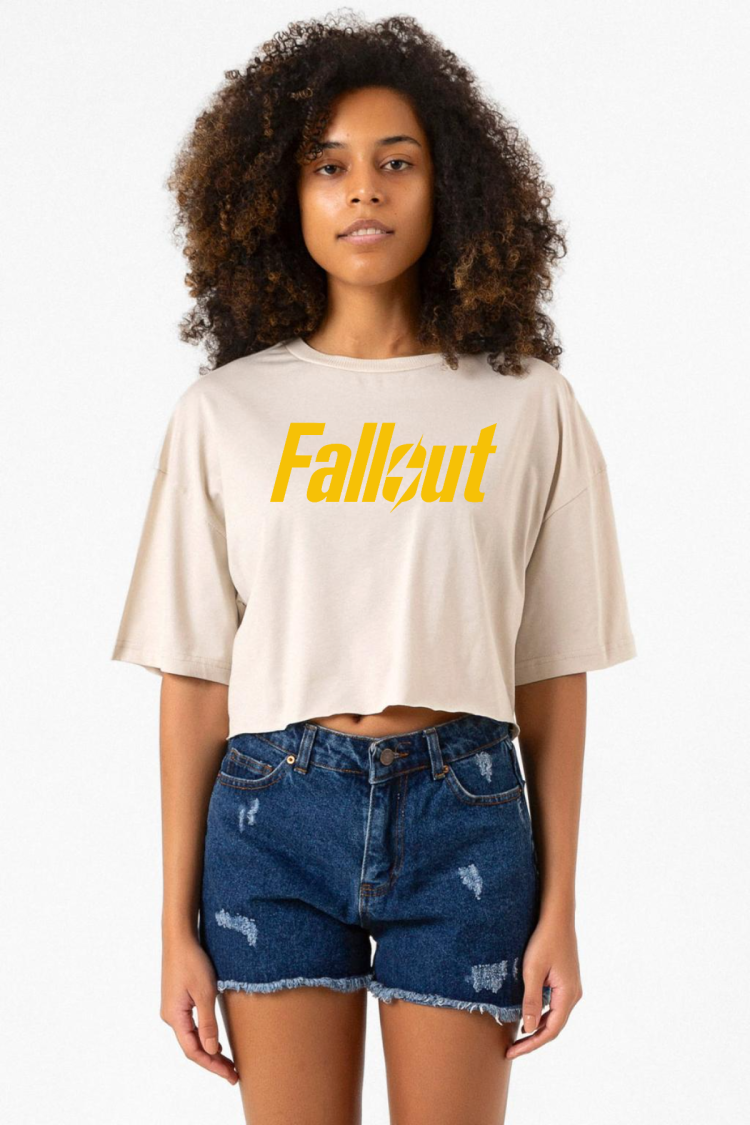 Fallout Lettern Bej Kadın Crop Tshirt