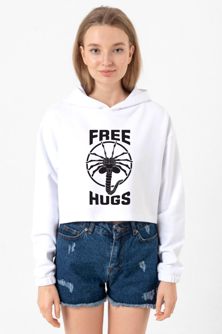 Free Facehugger Hugs Beyaz Optik Kadın Crop Kapşonlu
