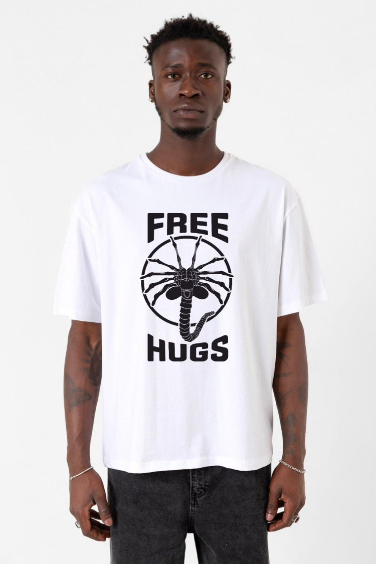 Free Facehugger Hugs Beyaz Erkek Oversize Tshirt