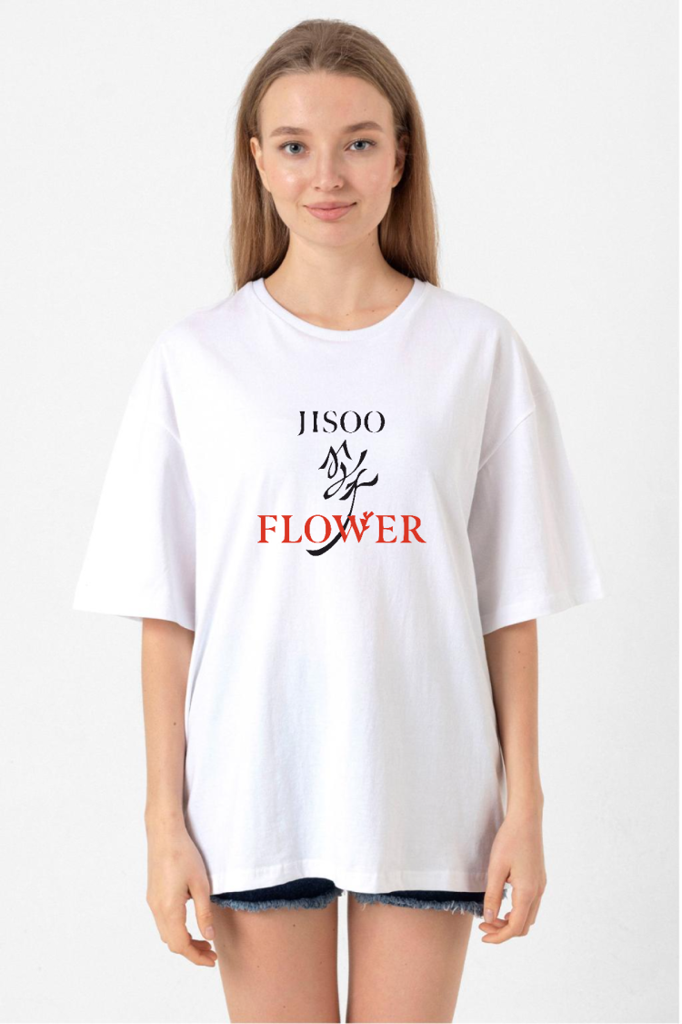 Jisoo Flower Beyaz Kadın Oversize Tshirt