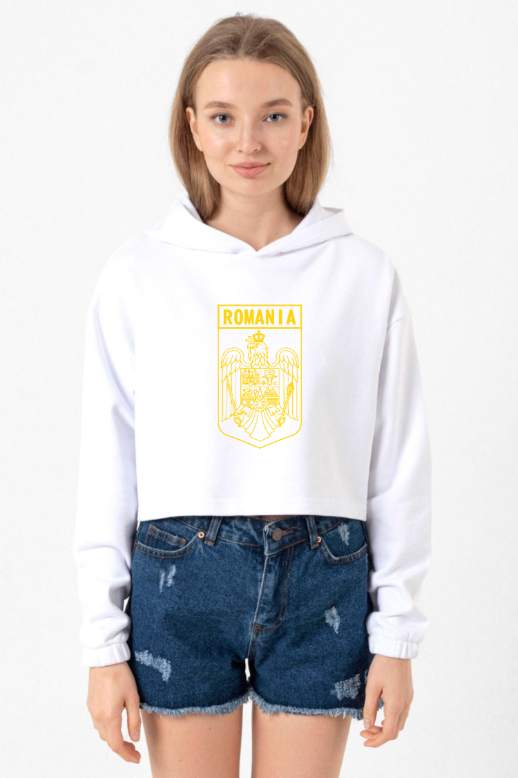 Romania Coat Arms Beyaz Optik Kadın Crop Kapşonlu