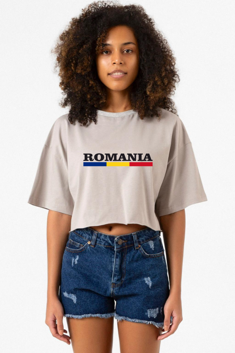 Romania Flag Lettern Taş Rengi Kadın Crop Kapşonlu