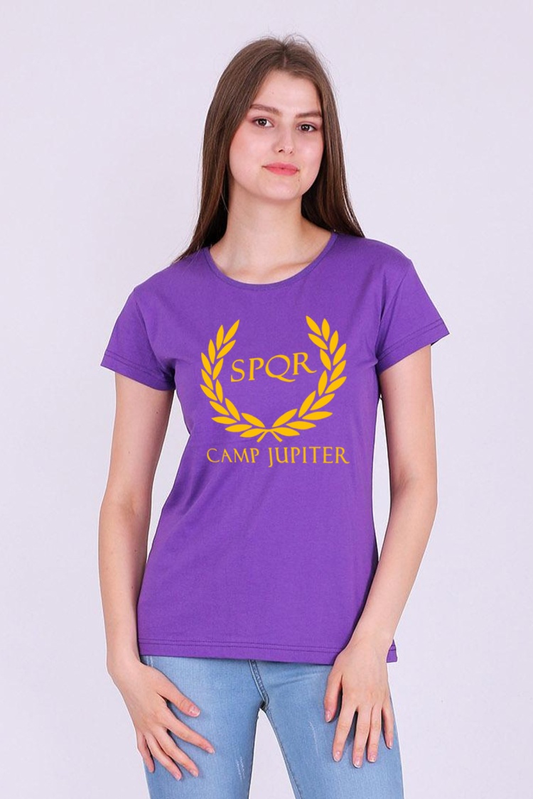 Camp Jupiter Mor Renk %100 Pamuk Bisiklet Yaka Kadın Örme Kısa Kollu Tshirt Camp Half Blood