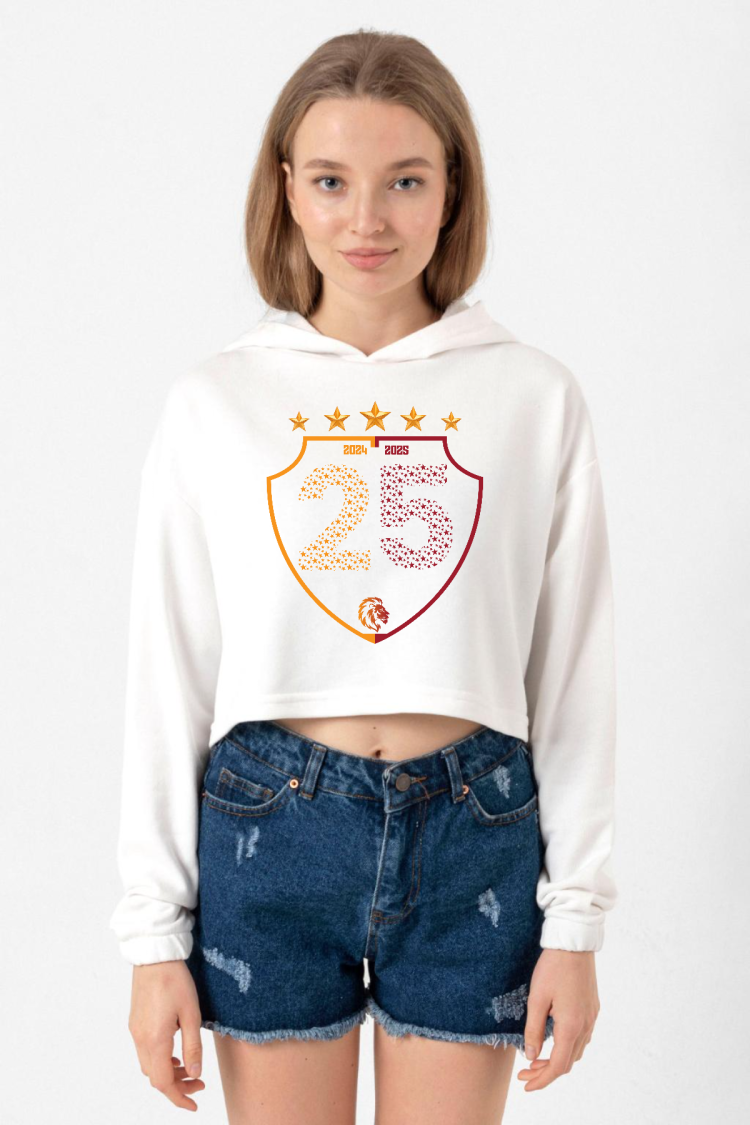 25 Şampiyonluk Shield Ekru Kadın Crop Kapşonlu