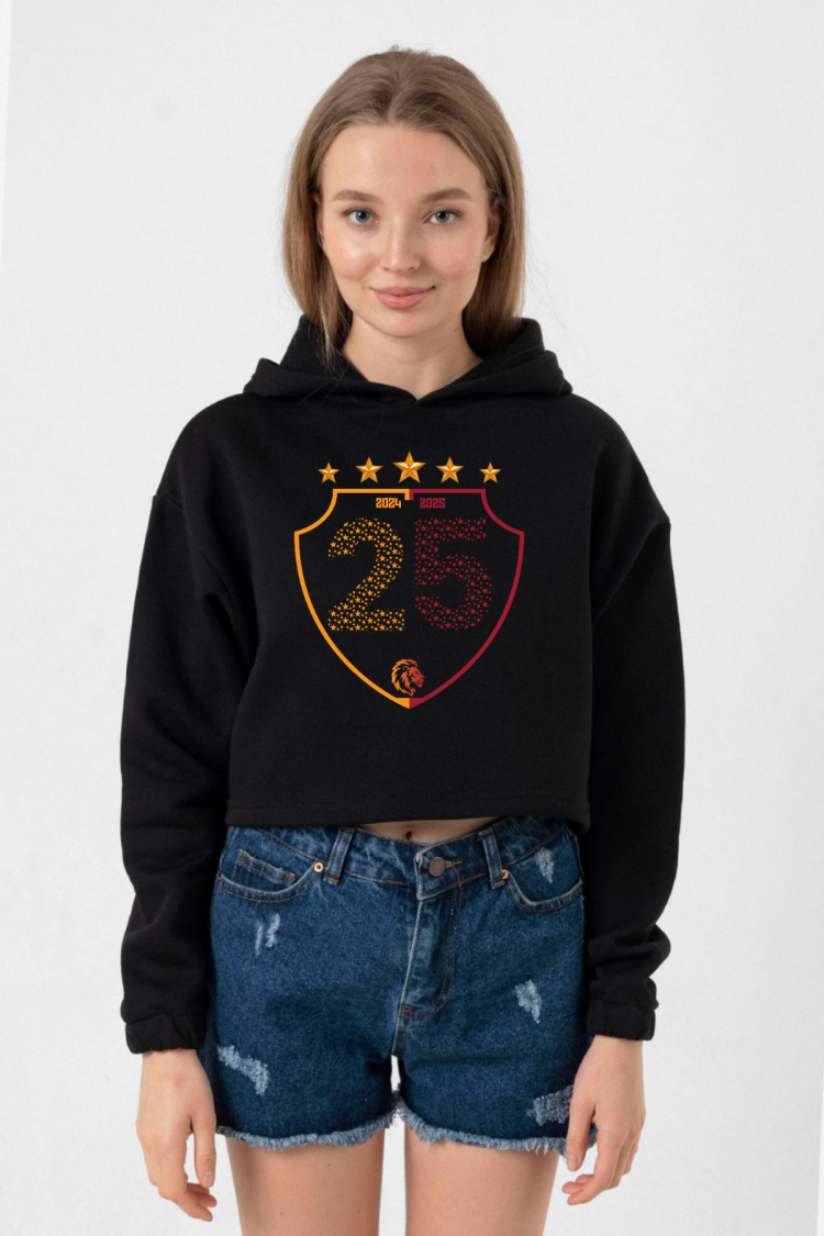 25 Şampiyonluk Shield Siyah Kadın Crop Kapşonlu