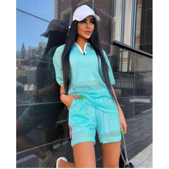 BEBE MAVİSİ FİLELİ BELİ LASTİKLİ ŞORT TİŞÖRT İKİLİ TAKIM