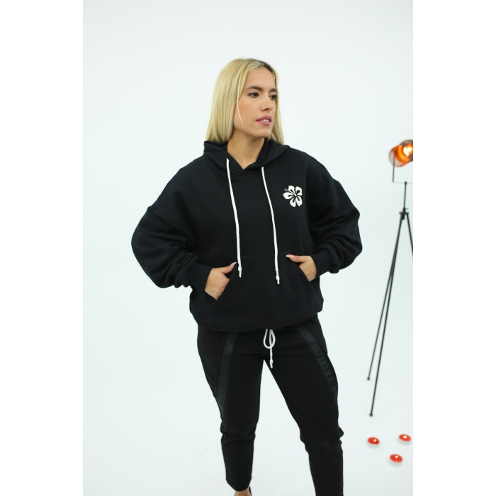 Siyah Çiçek Desenli Kapüşonlu Sweatshirt