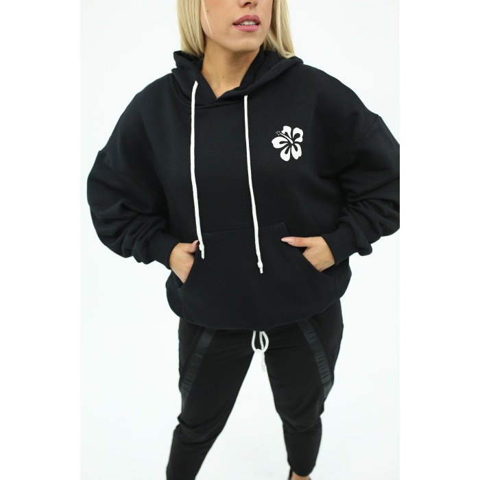 Siyah Çiçek Desenli Kapüşonlu Sweatshirt